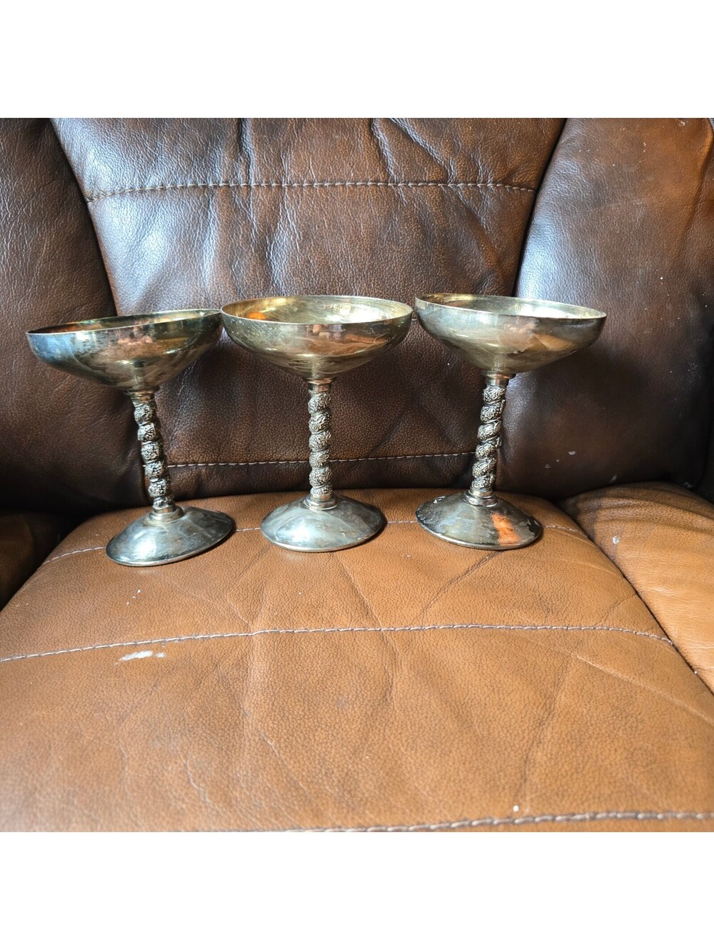 Vintage EP Brass Spain Silver Plated Champagne Coupes Goblets Grapevine Stem Set